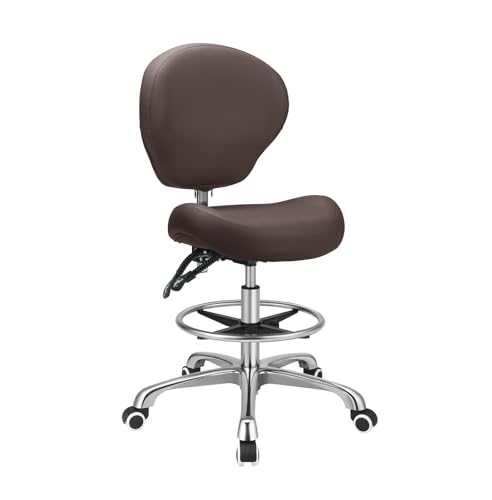Image of Kaleurrier Adjustable Stools Drafting Chair with Backrest & Foot Rest,Tilt Back,Swivel Seat,Rolling Wheels,for Studio,Dental,Office,Salon and Counter,Armless Tall Home Desk Chairs (Brown)