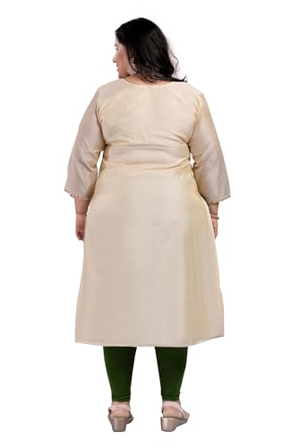 Image of DREAM & DZIRE Women's Chanderi Cotton Kurti | Floral Hand Embroidery | 3 /4 Sleeve | Round Neck | Calf Length Straight Kurta | Beige | S to 8XL Plus Size