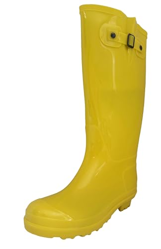 G4U Women's Rain Boots Mid Calf Wellies Buckle Fashion Rubber Knee High-Yellow, 6