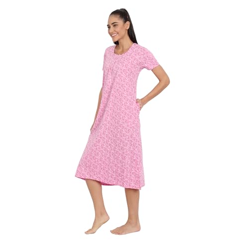 Image of BLAZON Women's Cotton Hosiery Elegant Maxi Nightdress with Lace Detailing, Floral Print, Pockets & Half Sleeves