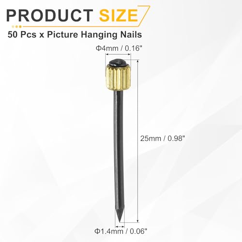 Image of uxcell 50Pcs Picture Hanging Nails, 1.4 x 25mm Iron Decorative Hangers Reusable Hardware Tool for Hanging Pictures Mirrors Baskets, Gold & Black