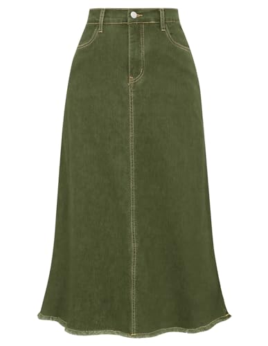 Best Swing Skirts for Boots and Sneakers 14 Belle Poque Vintage Maxi Long Denim Skirt Elastic High Waisted Frayed Raw Hem Jean Skirts for Women Army Green Medium