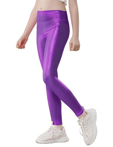 Girls Leggings Size 9-10 Years Old Stretchy Shiny Purple Footless Tights Dance Slim Pants