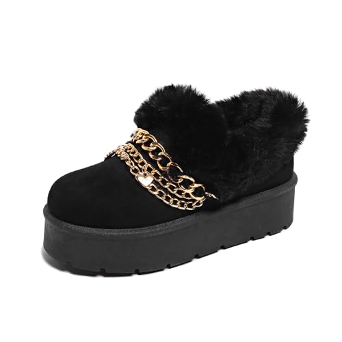 Women’s Slippers Platform Mini Boots for Suede Leather Slip-on Fluffy Warm Comfy