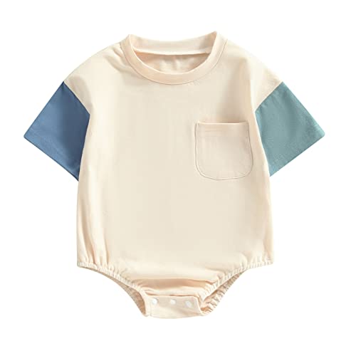 MerqwaddBaby Boy Girl Bubble Romper Infant Oversize Plain Crewneck T-Shirt Bodysuit Tops (Sleeve Color Block-Petrol Blue&Lake Blue,3-6 Months)