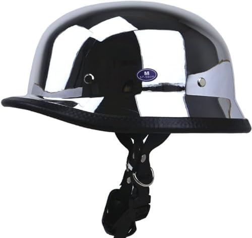 Dcoltmi Open Face Motorcycle Half Shell Helmet DOT Approved Mirror Silver Chrome Portable German Style Helmet Cap, Summer Riding Retro Half Helmet for Men Women Crusier Moped Chopper Scooter-Large