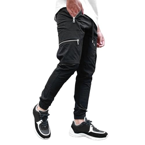 Pantalones Cargo Negros para Hombre, Pantalones Cargo Casuales para Hombre, Deportivos Ajustados con Cintura elástica y cordón, Multibolsillos, Negros, Talla Extragrande.
