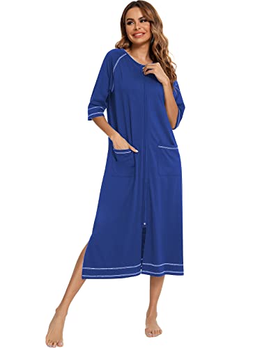 Image of Veseacky Women Robe Zipper Front House Coat 3 /4 Sleeve Nightgown Full Length Ladies Lounge Dress with Pockets S-XXL