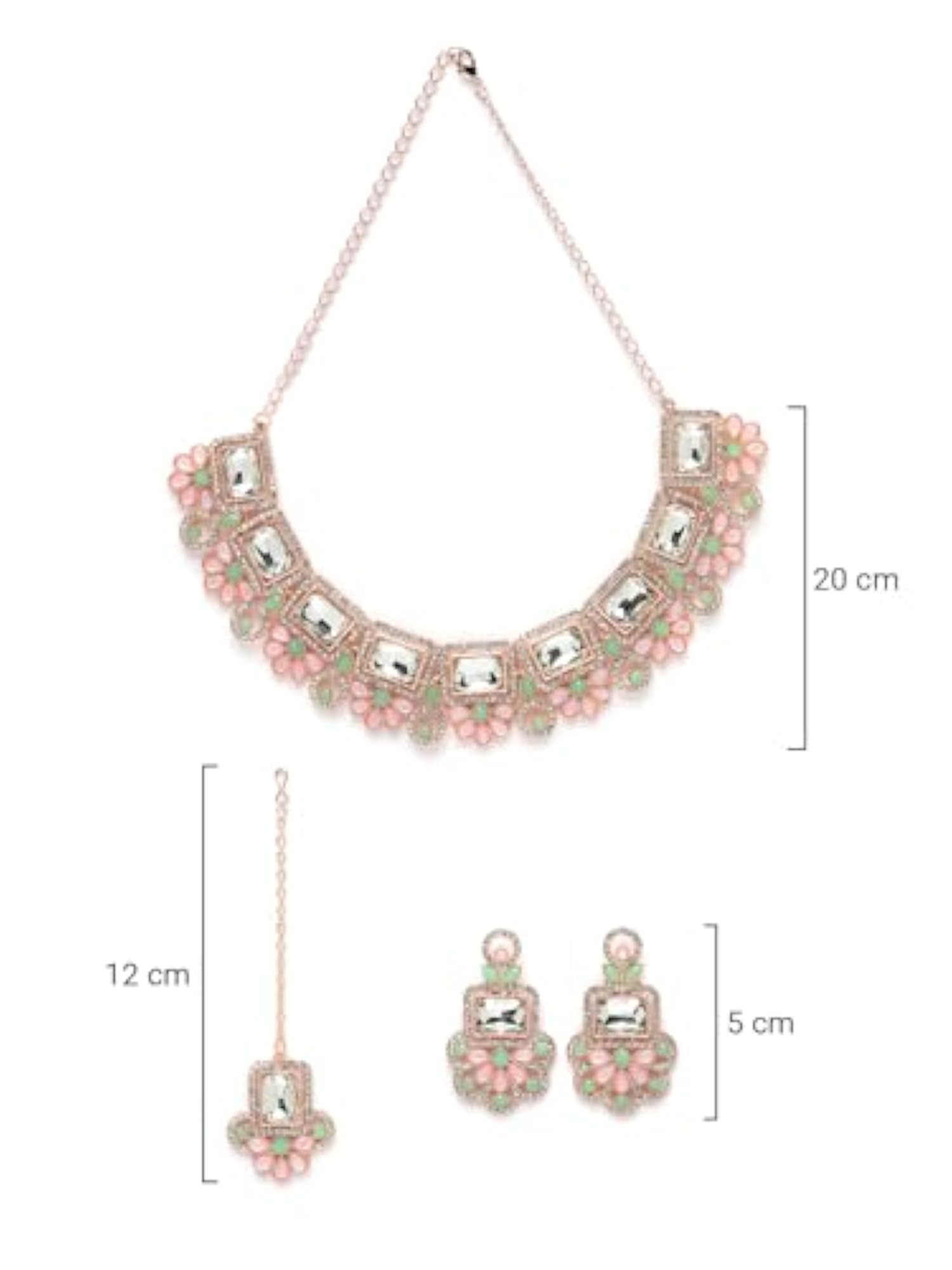 Rose Plated AD Stone Collar Bone Necklace Set with Earring and Maangtika