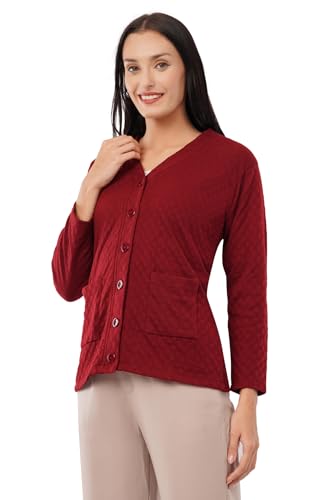 Image of Women Woolen Full Sleeve self Knit v-Neck Sweater Cardigan for Winter wear with Front Pockets Plus