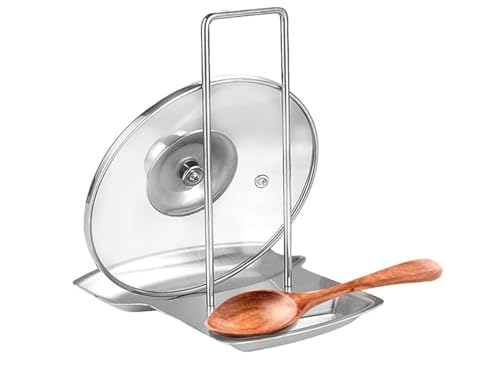 H HEBRONE Stainless Steel Spoon Rest with Lid Holder or, Pan Pot Cover Lid Rack, Heat-Resistant, Stainless Steel Home Kitchen Utensils HoldersSpoon and Lid Rest, Pot Lid Organizer. Kitchen Gift Item.