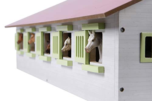 Kids Globe Farming Reiterhof rosa Bauernhof Pferdestall Holz 1:32 mit 9 Boxen, Spielzeug Pferdehof, mit praktischem Faltdach, für alle gängigen Tierfiguren 610188