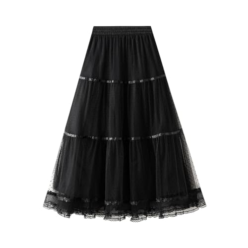 Women' s Tulle Skirts Midi Elastic High Waist Pleated A-Line Party Long Tutu Skirt Polka Dot Skirt Lace Trimmed Skirt, Blue