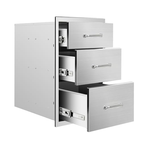 Image of Outdoor Kitchen Drawers 14 inch W x 21 inch H x 23 inch D Flush Mount Triple BBQ Drawers with Chrome Handle Stainless Steel Drawer for Outdoor Kitchen Island, Patio Grill Station