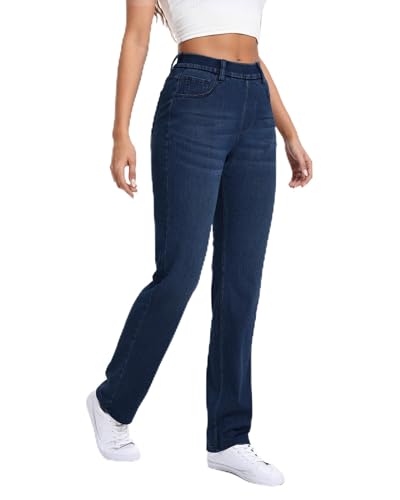 TONIRY Womens Straight Leg Jeans, Stretchy Sweatpant Pull on Jeans Woman Elastic Waistband High Waist Tummy Control Breathable Soft Comfy Denim Petite Pants Casual Daily Wear Inseam 30', Dark Blue, XL