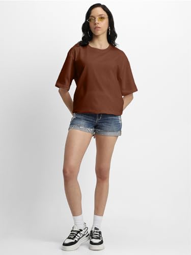 Image of JUNEBERRY Pure Cotton Oversized Baggy Fit Half Sleeve Drop Shoulder Plain Solid Round Neck T-Shirt for Women (Available in Black, White, Lilac, Cork, Maroon, Royal Blue, Swan White, Soap Nut Colors)