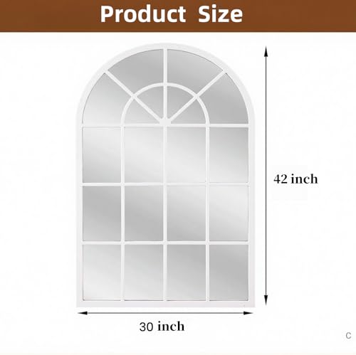 Image of Dewfig Arched Wall Mirror, 42 inchx30 inch Metal Frame Windowpane Mirror, White