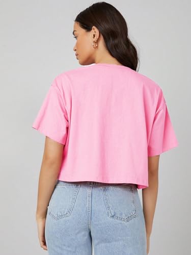 Image of KOTTY Women's Solid Cotton Blend Oversized Crop T-Shirt | Casual Summer Tee