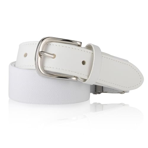 AWAYTR Adult and Youth Baseball Belt - Elastic Adjustable Softball Uniform Belts for Kids Boys and Girls (Silver-White Youth: fit waist 20 - 34 (Rec 4-15yrs))