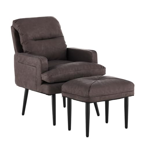 TUKAILAi Sillón de Relax con Reposapiés, Sillón Reclinable con Respaldo Ajustable 180°, de Televisión Piel Sintética Marco en Metal para Lectura Dormitorio (Marrón Claro)