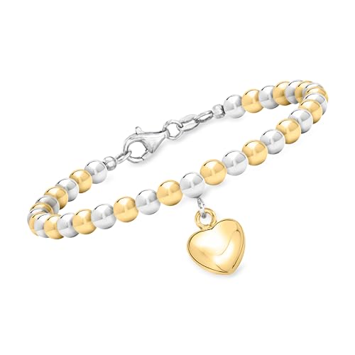 Ross-Simons Italian Sterling Silver and 18kt Gold Over Sterling Heart Bead Bracelet