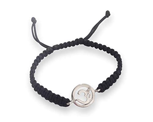 AUMKAARA92.5 Percent Silver Auspicious Silver Charm Om Bracelet with Adjustable Strap for Men and Women (Black Fabric)