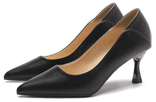 YooPrettyz Women's Pointed Toe Leather Slip On Kitten Low Heel Pumps Office Work Dress Foldable Shoes 2 Inch