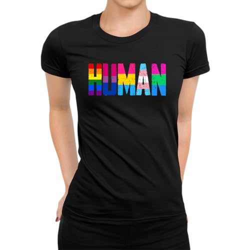 Human - LGBTQ Pride Love Regenbogen Gay Queer CSD Damen T-Shirt, Schwarz, M