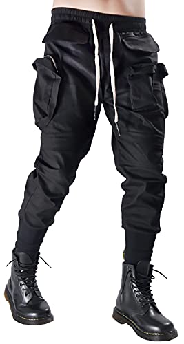 MOKEWEN Men's Urban Combat Tactic Streetwear Cyberpunk Jogger Cargo Ankle Pants with Pockets Black 31-32