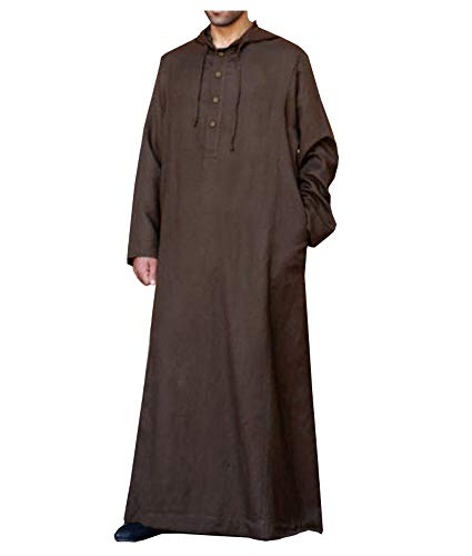 Kedera Mens Kaftan Hooded Robe Cotton Casual Loungewear Button Long Night Gown Shirt Thobe