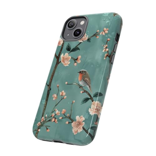 Coque iPhone 14 Plus motif fleur de pêcher et oiseau rouge-gorge rigide brillante bleu sarcelle