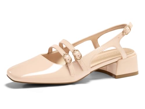 Image of Coutgo Women's Mary Jane Chunky Low Heels Slingback Pumps Closed Square Toe Wedding Dress Shoes