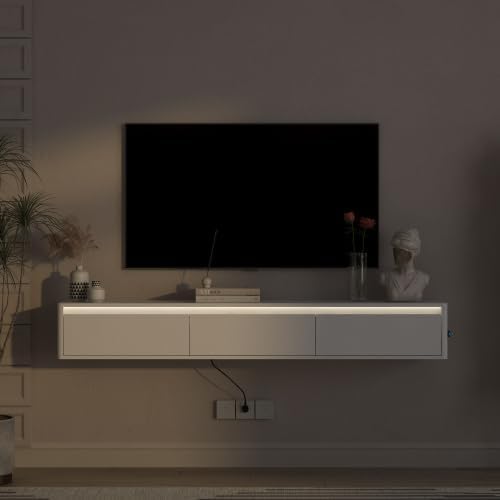 Ferand Floating TV Stand Wall Mounted with LED Lights & Power Outlet (3AC + 2USB), Modern TV Shelf with Storage Cabinet, Wall Mounted Entertainment Center for Living Room & Bedroom – White Finish