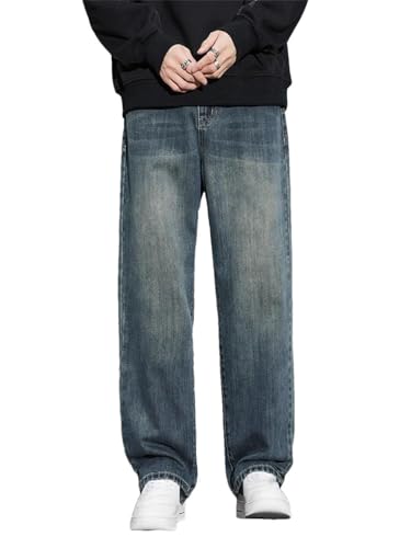 Men's Fleece Baggy Straight Jeans, Winter New Classic Vintage, Blue Wide Leg, Korean Fashion