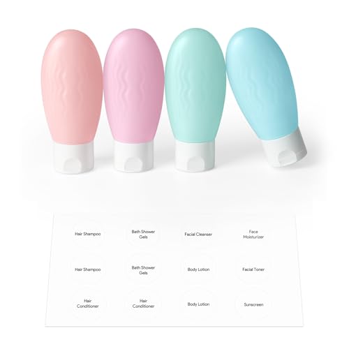 Lotour 4-Pack TSA Approved 2oz Travel Size Bottles with Labels, Leak Proof Squeezable Plastic Travel Essentials Refillable for Shampoo, Conditioner, Lotion, Liquids