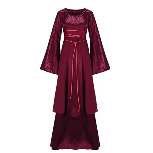 Women's Vintage Victorian Floor Lenth Dresses Halloween Masquerade Costumes Long Flare Sleeve Tie Waist Gothic Gown