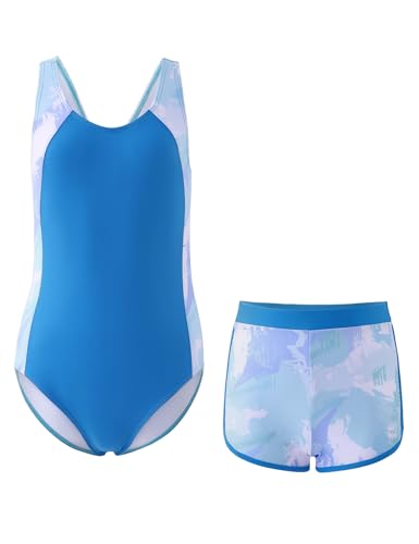 Girls One Piece Swimsuits 2 Piece Girl Bathing Suit with Tropical Print Cover Up Shorts Teen Kids Swimwear 5-13Y
