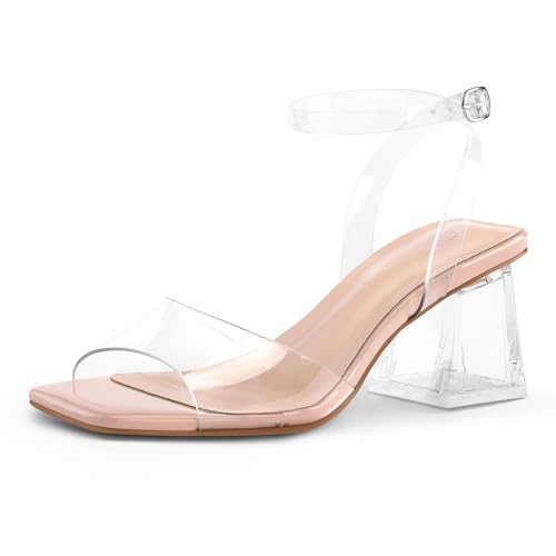 mysoft Women's Clear Heels Low Chunky Heel Open Toe Transparent Zebra Rhinestones Block Heeled Sandals Ankle Strap Shoes