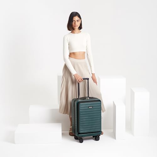 Image of Assembly Cabin Suitcase with External Laptop Pocket up to 15.6'' & 8 Spinner Wheels, Premium Polycarbonate Hard Shell Carry On Luggage for Adventure Travel, Green, 20-Inch