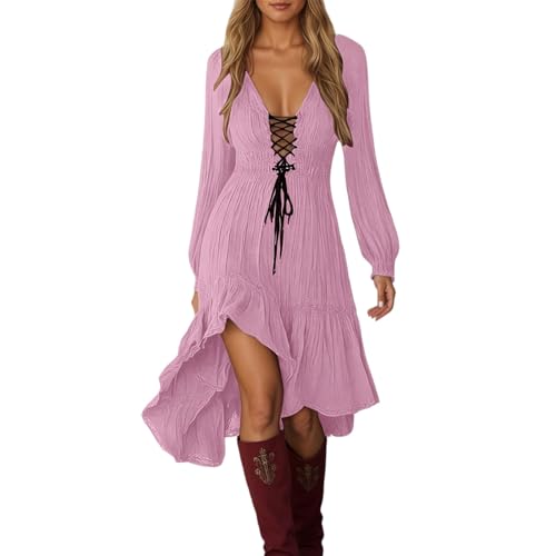 Generisch Damen Mittelalter-Kleid mit Schnürung - Langarmkleid mit V-Ausschnitt und asymmetrischem Vokuhila-Saum | Romantisches Boho-Kleid für Party...