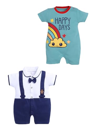 Image of BabyGo Baby Half Sleeve Rompers 100% Cotton Rompers for New Born Baby Boys|Daily Suits for Baby Boys & Girls| 6X9M|NAVY-GREEN1|Onesies| Infant Clothes | Pack of 2
