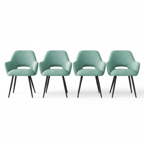 Image of Finch Fox Motel Luxurious Home Collection Upholstery Fabric Arm Dining Room Chairs in Pista Color with Black Metal Powder Coated Legs (Set of 4)