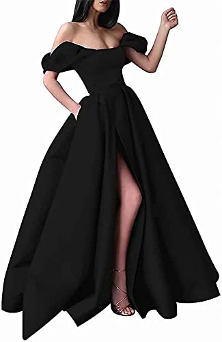 Luokadress Off The Shoulder Long Satin A Line Dress Puffy Sleeves Ball Gowns Formal Evening Gowns Split Prom Dresses Black, 12
