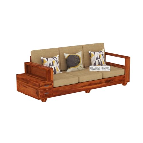 Image of Sheesham Wood 3 Seater Sofa | 3 Seater Sofa with 2 Drawer Storage | Wooden Sofa Set Furniture for Living Room Home Office (3 Seater,Honey)