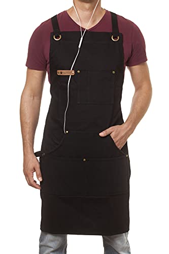 ARAWAK BRAVE Professional Cooking Apron Chef Designed Kitchen BBQ Grill Black Women Men Bib Adjustable Towel Loop + Quick Release Buckle + Tool Pockets + Headphones Loop