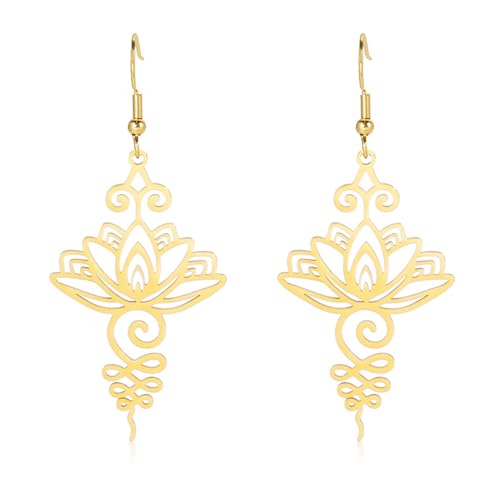 Lotus Flower Unalome Stainless Steel Dangle Earrings for Women, Bohemian Yoga Drop Earring Unique Geometric Jewelry Gifts for Women Girls Birthday