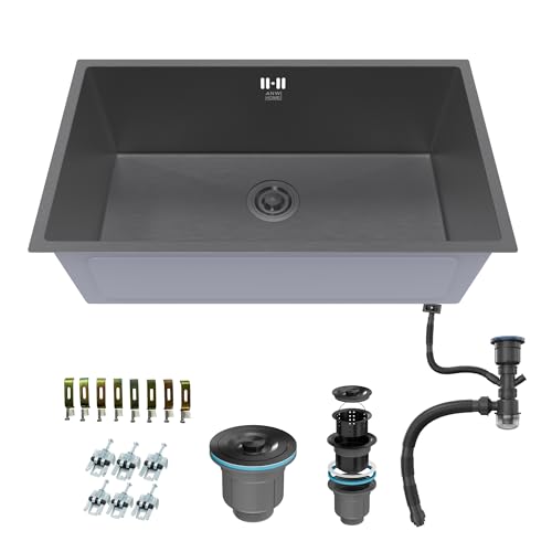 ANW HOME Évier sous plan noir 74x44 cm – Graphite PVD & surface Nano, profondeur 22 cm, cuve 700 × 400 mm, bord 3 mm/cuve 1 mm, évier inox avec siphon