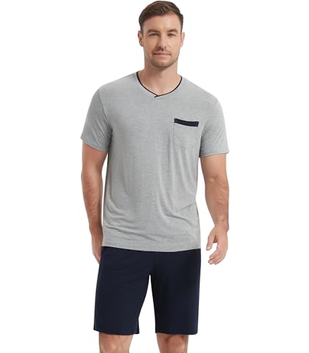 Image of NACHILA Men's Pajamas Set-Viscose Made from Bamboo, Short Sleeve Sleepwear Soft Pjs with Shorts V Neck Loungewear Sets