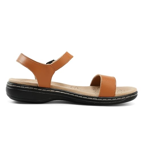 Image of Women's Classic Flat Sandals Leather Open Toes Memory Foam One Band Ankle Strap Adjustable Slip On Shoes