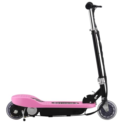 Plumbpyr Patinete eléctrico para niños de 120 W, color rosa, con marco de aluminio, manillar ajustable, diseño plegable, velocidad de 12 km/h, capacidad de carga de 50 kg, compacto y portátil, para